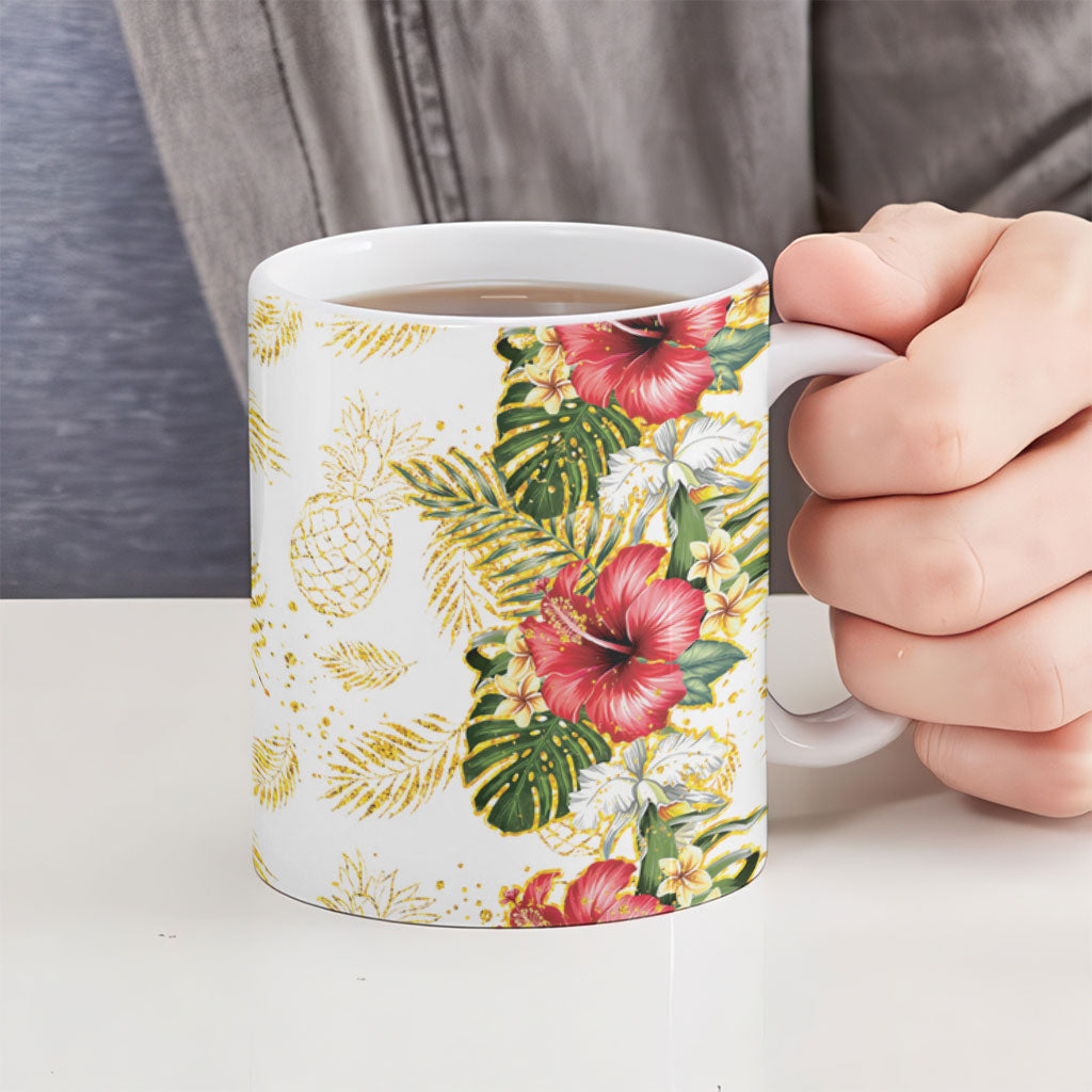 Hawaii Discoverers Day Ceramic Mug Tropical Hibiscus Glitter White
