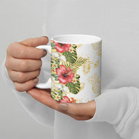 Hawaii Discoverers Day Ceramic Mug Tropical Hibiscus Glitter White