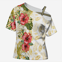Hawaii Discoverers Day Cross Shoulder Shirt Tropical Hibiscus Glitter White LT05 Female White - Polynesian Pride