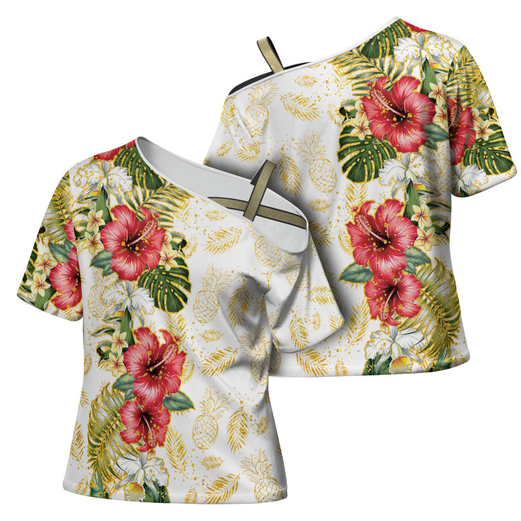 Hawaii Discoverers Day Cross Shoulder Shirt Tropical Hibiscus Glitter White LT05 - Polynesian Pride