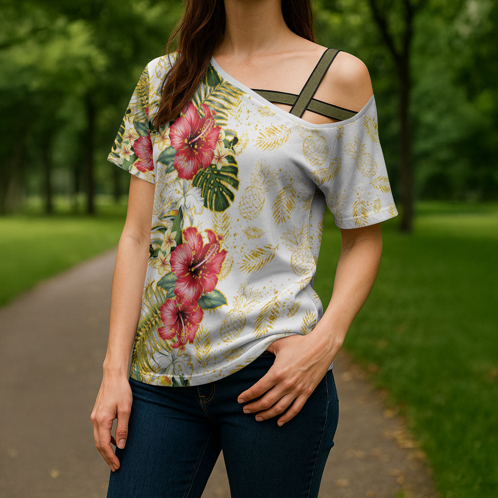 Hawaii Discoverers Day Cross Shoulder Shirt Tropical Hibiscus Glitter White LT05 - Polynesian Pride