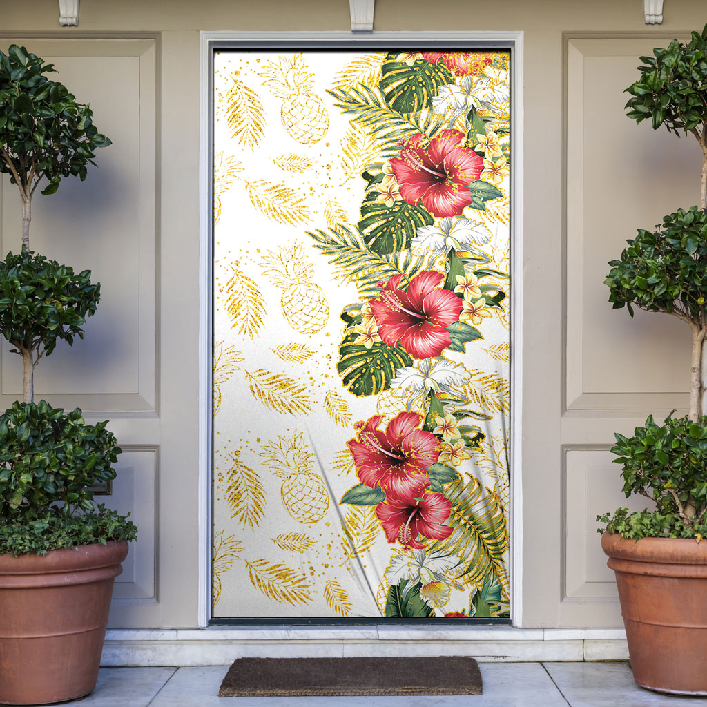 Hawaii Discoverers Day Door Cover Tropical Hibiscus Glitter White LT05 White - Polynesian Pride