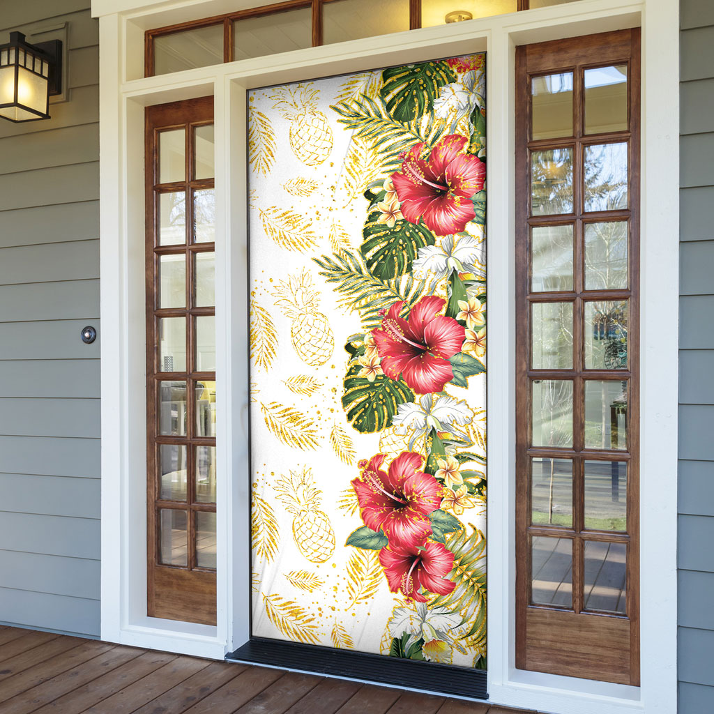 Hawaii Discoverers Day Door Cover Tropical Hibiscus Glitter White LT05 - Polynesian Pride