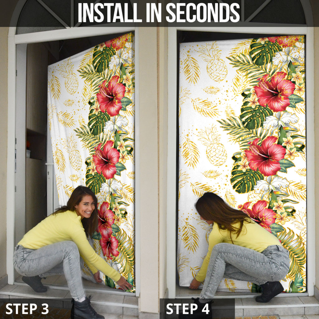 Hawaii Discoverers Day Door Cover Tropical Hibiscus Glitter White LT05 - Polynesian Pride