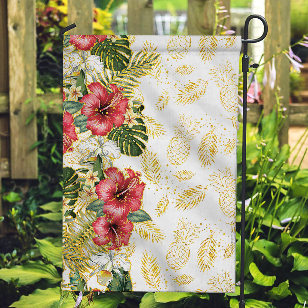 Hawaii Discoverers Day Garden Flag Tropical Hibiscus Glitter White LT05 Garden Flag White - Polynesian Pride