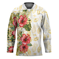 Hawaii Discoverers Day Hockey Jersey Tropical Hibiscus Glitter White LT05 Unisex White - Polynesian Pride