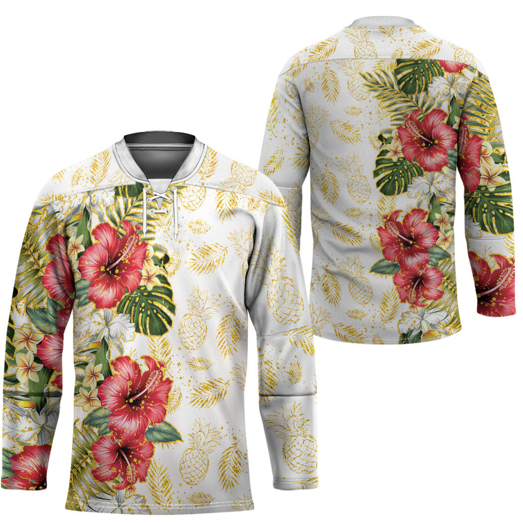 Hawaii Discoverers Day Hockey Jersey Tropical Hibiscus Glitter White LT05 - Polynesian Pride