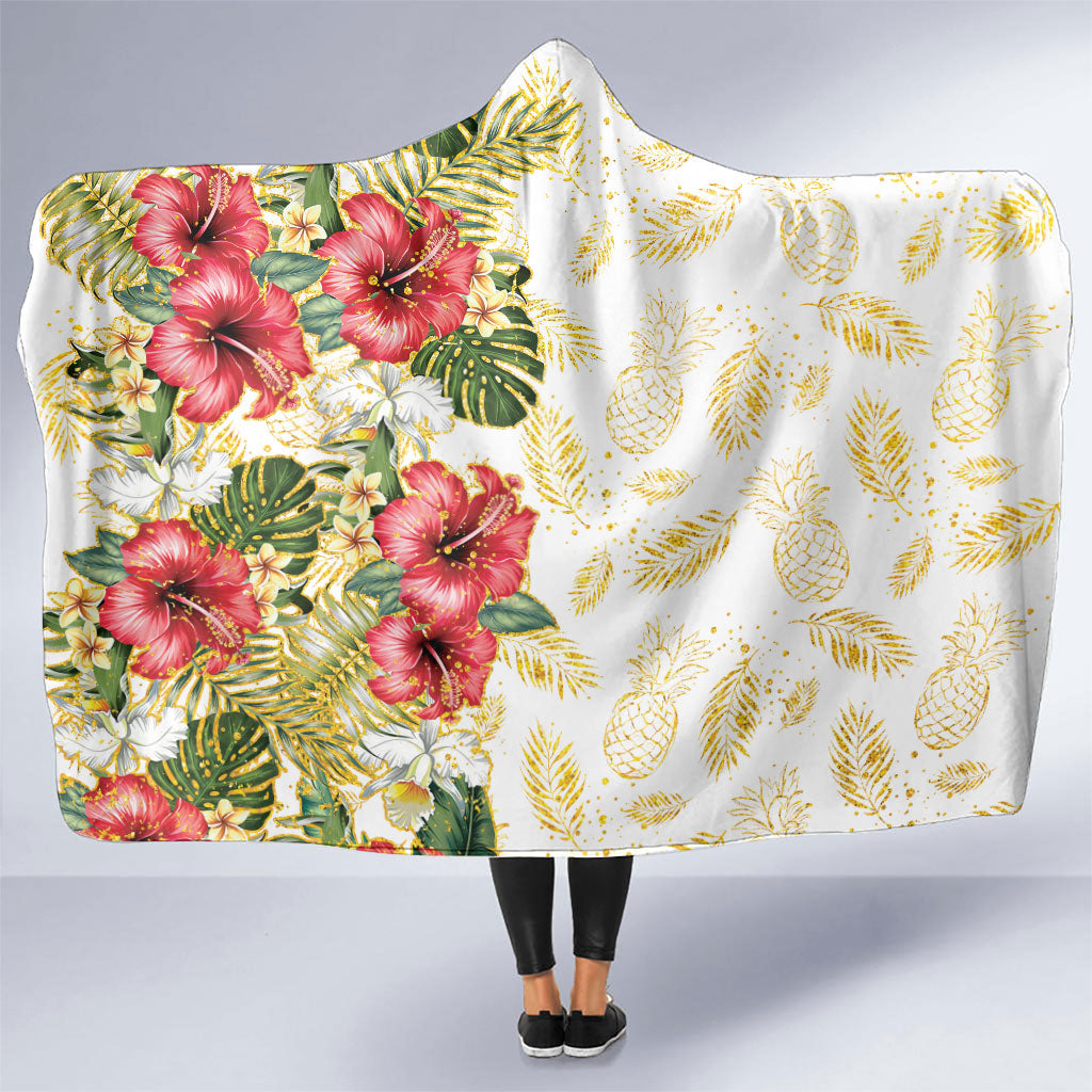Hawaii Discoverers Day Hooded Blanket Tropical Hibiscus Glitter White LT05 One Size White - Polynesian Pride