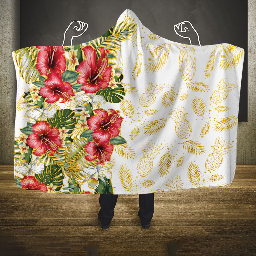 Hawaii Discoverers Day Hooded Blanket Tropical Hibiscus Glitter White LT05 - Polynesian Pride