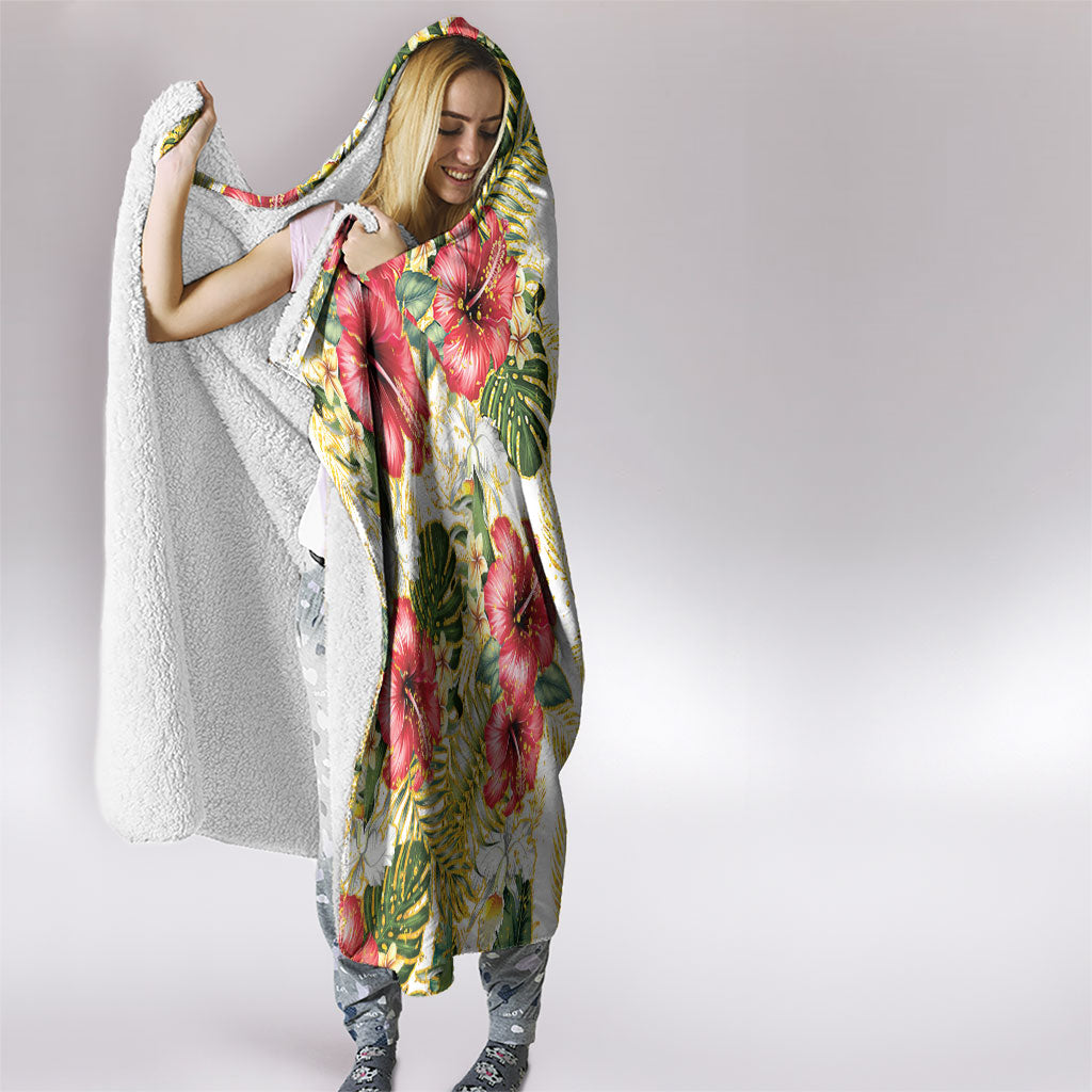 Hawaii Discoverers Day Hooded Blanket Tropical Hibiscus Glitter White LT05 - Polynesian Pride