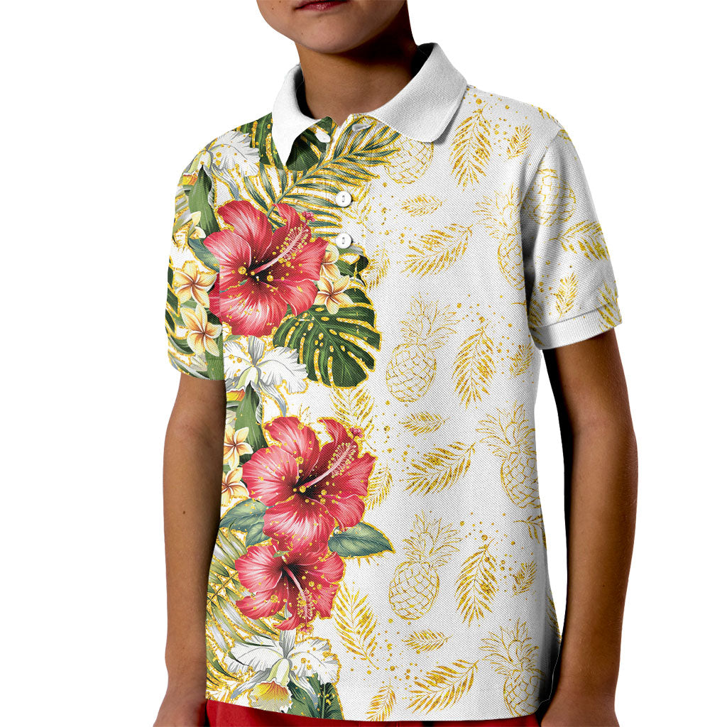 Hawaii Discoverers Day Kid Polo Shirt Tropical Hibiscus Glitter White LT05 Kid White - Polynesian Pride