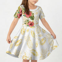 Hawaii Discoverers Day Kid Short Sleeve Dress Tropical Hibiscus Glitter White LT05 KID White - Polynesian Pride