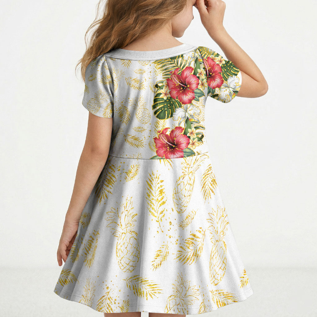 Hawaii Discoverers Day Kid Short Sleeve Dress Tropical Hibiscus Glitter White LT05 - Polynesian Pride