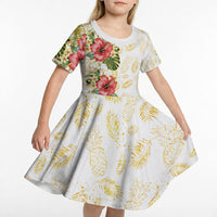 Hawaii Discoverers Day Kid Short Sleeve Dress Tropical Hibiscus Glitter White LT05 - Polynesian Pride