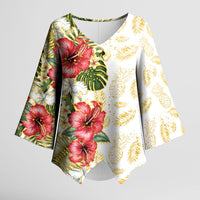 Hawaii Discoverers Day Kimono Sleeve Blouse Tropical Hibiscus Glitter White LT05 Female White - Polynesian Pride