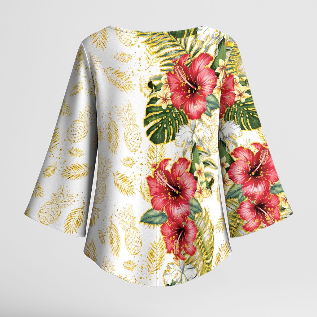 Hawaii Discoverers Day Kimono Sleeve Blouse Tropical Hibiscus Glitter White LT05 - Polynesian Pride