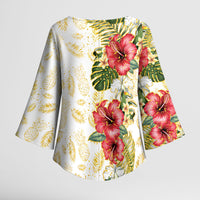 Hawaii Discoverers Day Kimono Sleeve Blouse Tropical Hibiscus Glitter White LT05 - Polynesian Pride