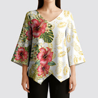 Hawaii Discoverers Day Kimono Sleeve Blouse Tropical Hibiscus Glitter White LT05 - Polynesian Pride