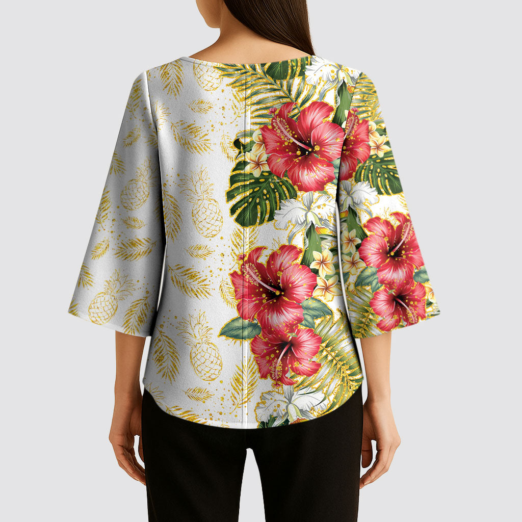Hawaii Discoverers Day Kimono Sleeve Blouse Tropical Hibiscus Glitter White LT05 - Polynesian Pride