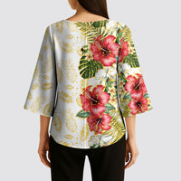 Hawaii Discoverers Day Kimono Sleeve Blouse Tropical Hibiscus Glitter White LT05 - Polynesian Pride