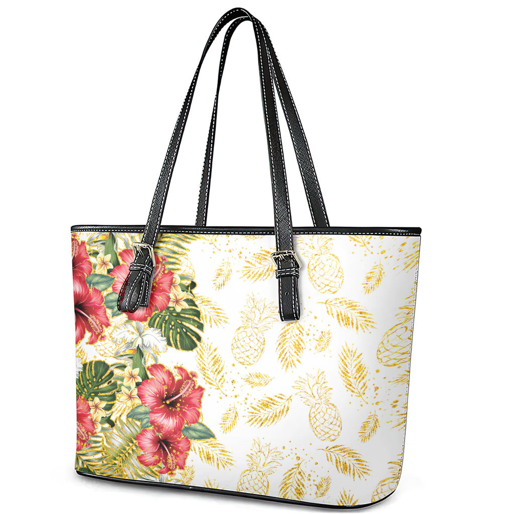 Hawaii Discoverers Day Leather Tote Bag Tropical Hibiscus Glitter White LT05 - Polynesian Pride