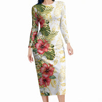 Hawaii Discoverers Day Long Sleeve Bodycon Dress Tropical Hibiscus Glitter White LT05 Long Dress White - Polynesian Pride