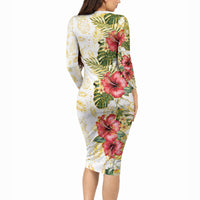 Hawaii Discoverers Day Long Sleeve Bodycon Dress Tropical Hibiscus Glitter White LT05 - Polynesian Pride