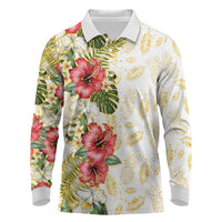 Hawaii Discoverers Day Long Sleeve Polo Shirt Tropical Hibiscus Glitter White LT05 White - Polynesian Pride