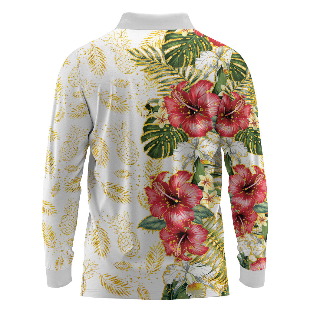 Hawaii Discoverers Day Long Sleeve Polo Shirt Tropical Hibiscus Glitter White LT05 - Polynesian Pride