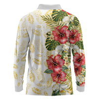 Hawaii Discoverers Day Long Sleeve Polo Shirt Tropical Hibiscus Glitter White LT05 - Polynesian Pride