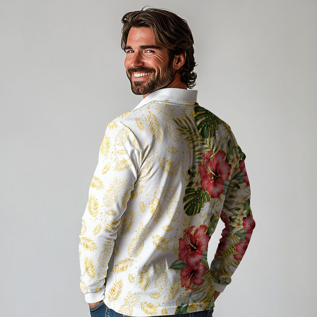 Hawaii Discoverers Day Long Sleeve Polo Shirt Tropical Hibiscus Glitter White LT05 - Polynesian Pride