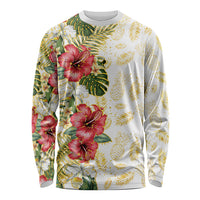 Hawaii Discoverers Day Long Sleeve Shirt Tropical Hibiscus Glitter White LT05 Unisex White - Polynesian Pride