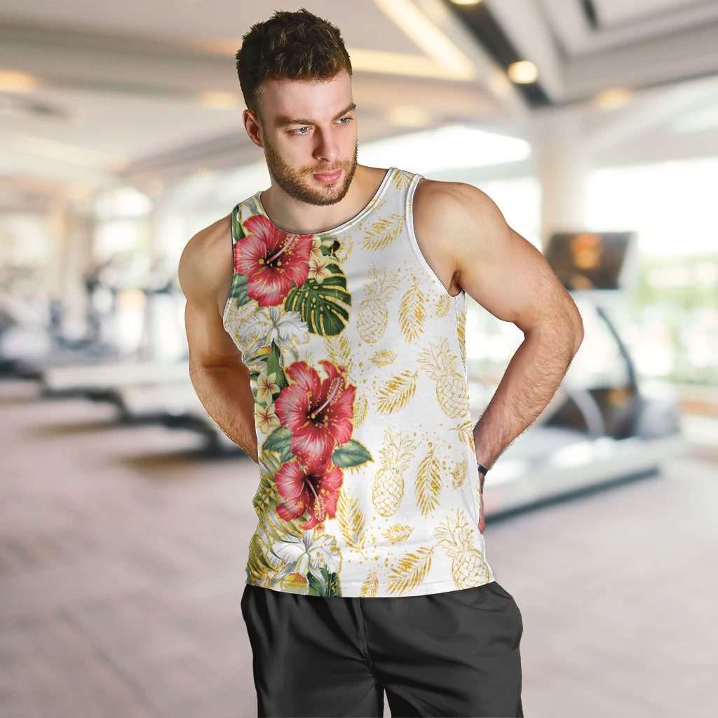 Hawaii Discoverers Day Men Tank Top Tropical Hibiscus Glitter White LT05 White - Polynesian Pride