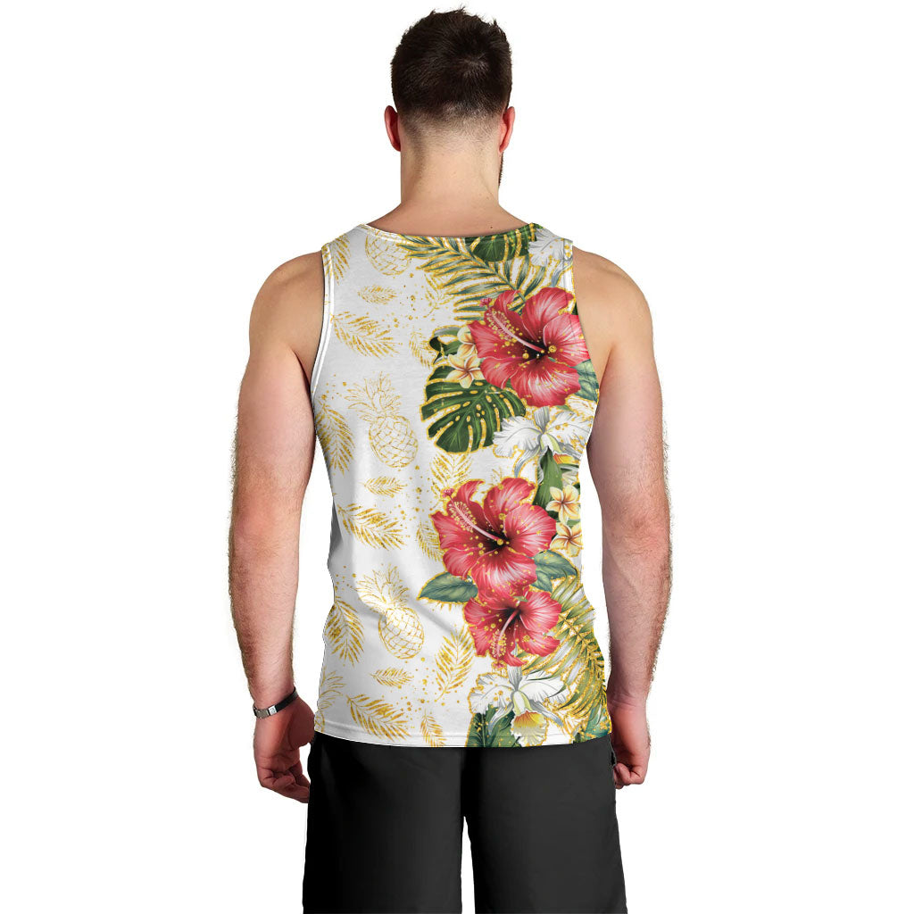 Hawaii Discoverers Day Men Tank Top Tropical Hibiscus Glitter White LT05 - Polynesian Pride
