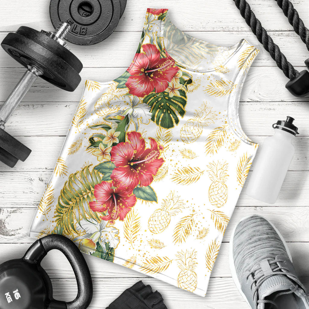 Hawaii Discoverers Day Men Tank Top Tropical Hibiscus Glitter White LT05 - Polynesian Pride
