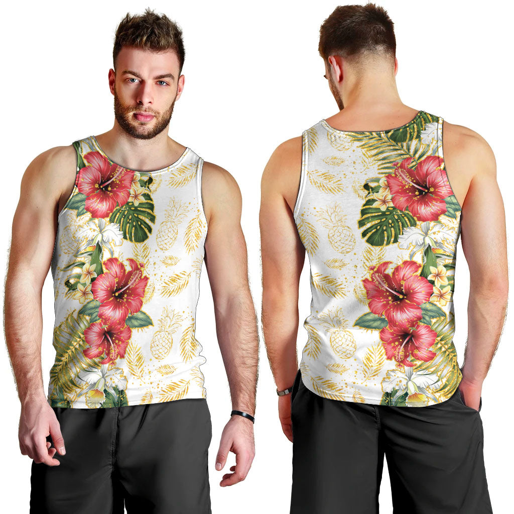 Hawaii Discoverers Day Men Tank Top Tropical Hibiscus Glitter White LT05 - Polynesian Pride