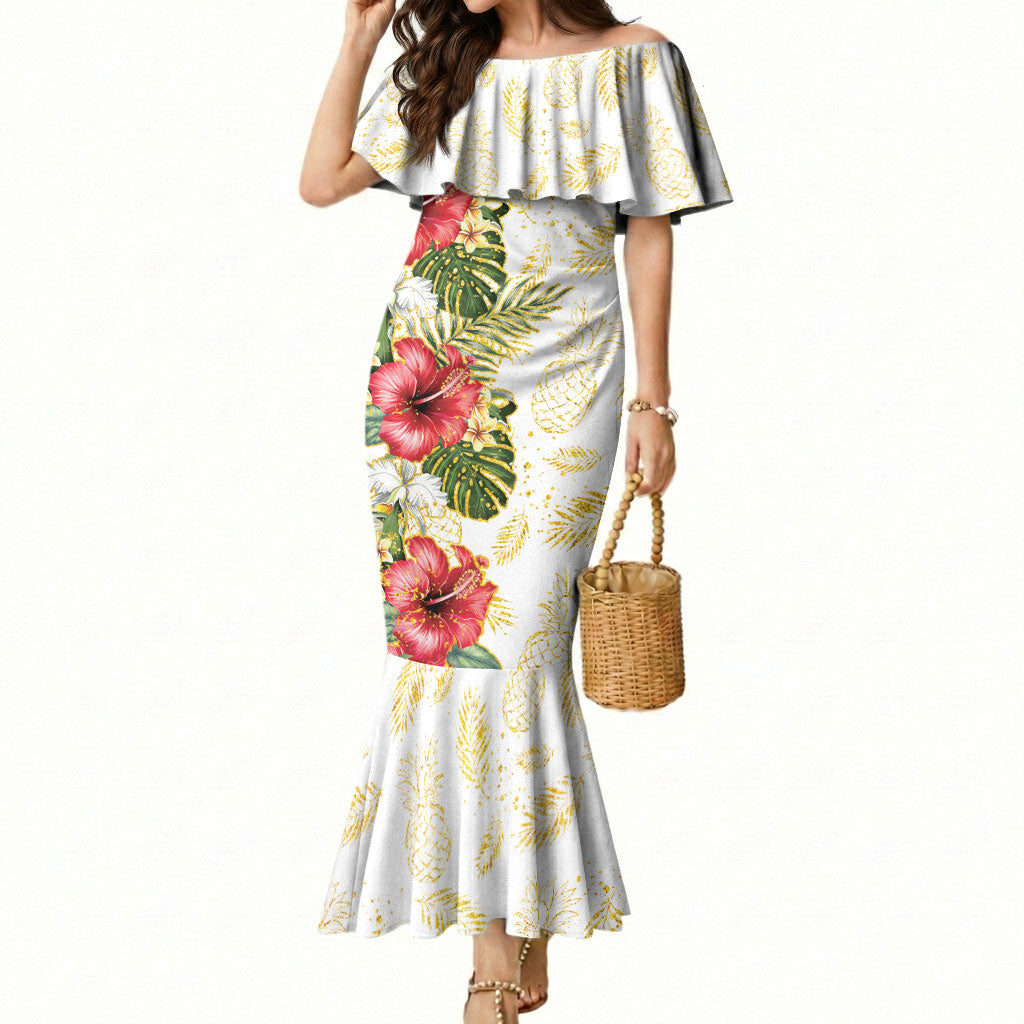 Hawaii Discoverers Day Mermaid Dress Tropical Hibiscus Glitter White LT05 Women White - Polynesian Pride