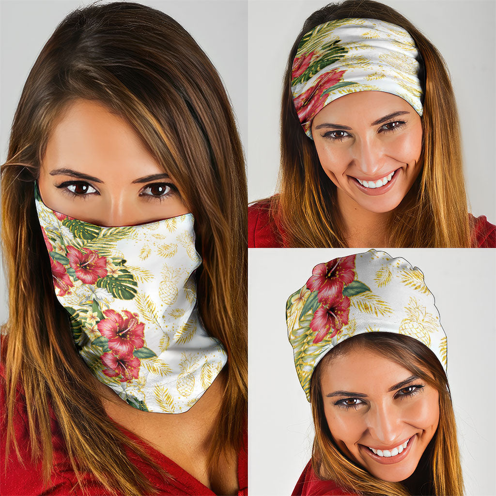 Hawaii Discoverers Day Neck Gaiter Tropical Hibiscus Glitter White LT05 - Polynesian Pride