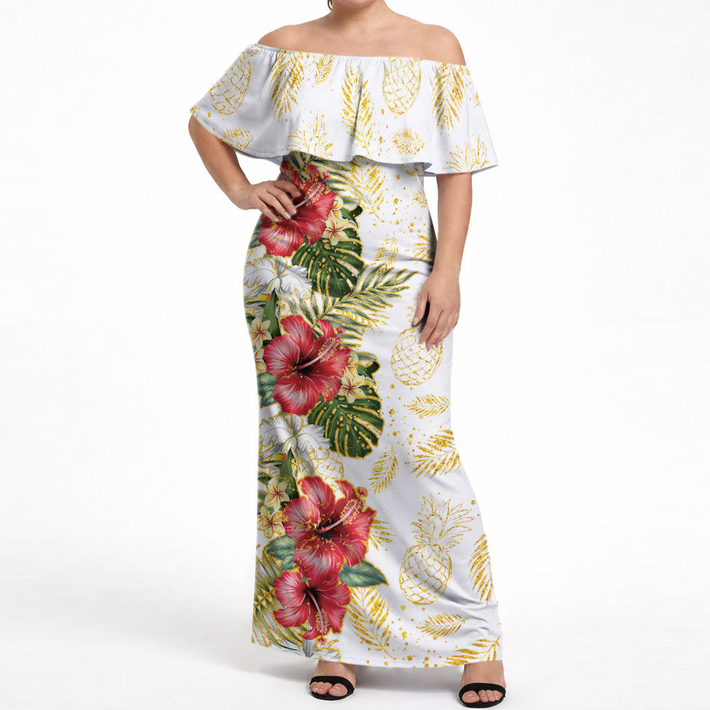 Hawaii Discoverers Day Off Shoulder Maxi Dress Tropical Hibiscus Glitter White LT05 Women White - Polynesian Pride