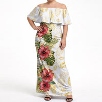 Hawaii Discoverers Day Off Shoulder Maxi Dress Tropical Hibiscus Glitter White LT05 Women White - Polynesian Pride