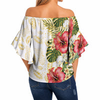 Hawaii Discoverers Day Off Shoulder Wrap Waist Top Tropical Hibiscus Glitter White LT05 - Polynesian Pride