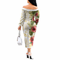 Hawaii Discoverers Day Off The Shoulder Long Sleeve Dress Tropical Hibiscus Glitter White LT05 - Polynesian Pride