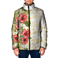 Hawaii Discoverers Day Padded Jacket Tropical Hibiscus Glitter White LT05 Men White - Polynesian Pride