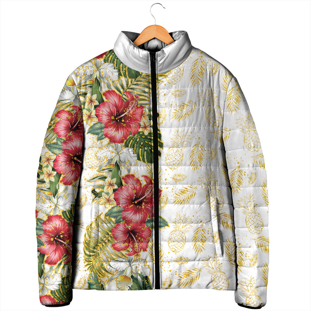 Hawaii Discoverers Day Padded Jacket Tropical Hibiscus Glitter White LT05 - Polynesian Pride