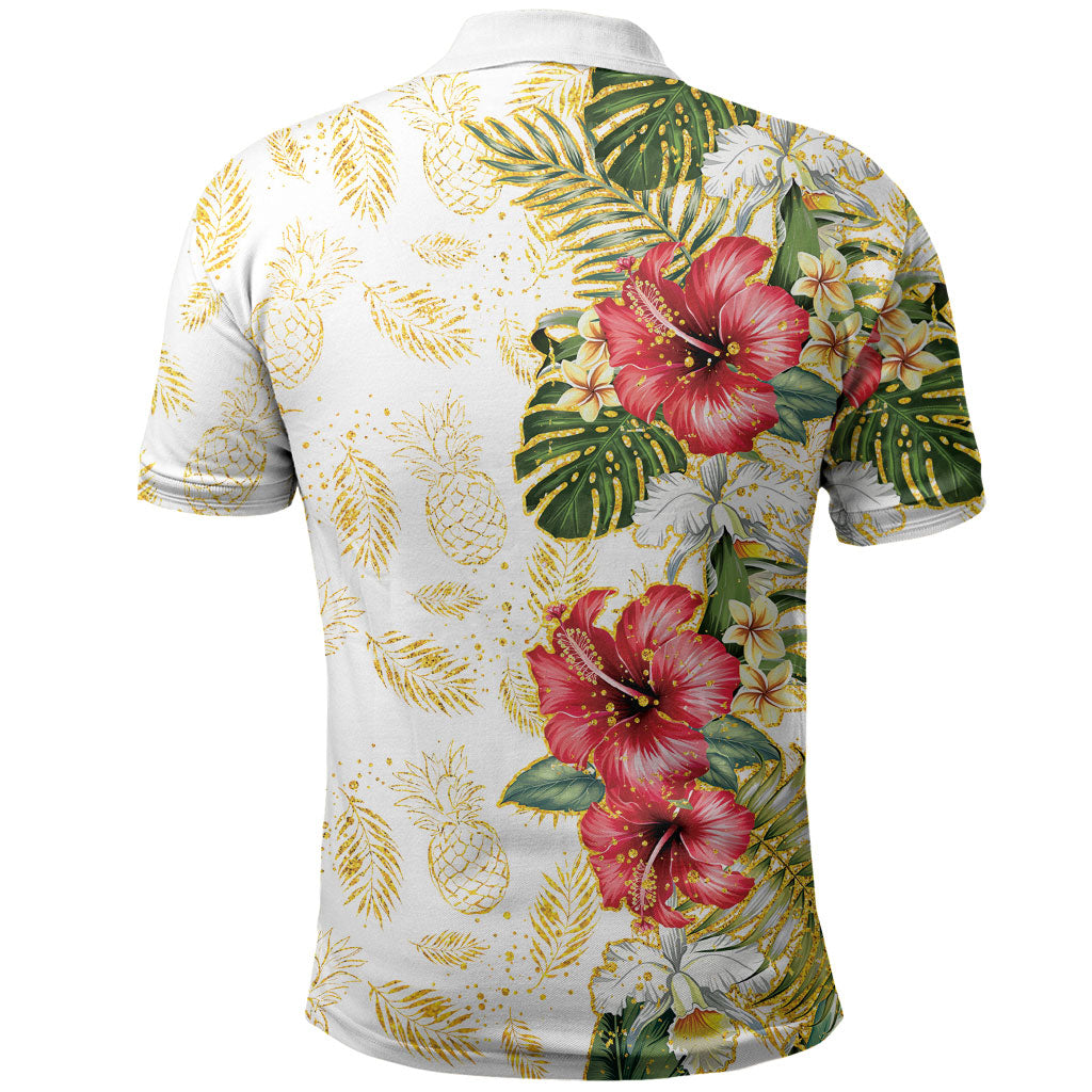 Hawaii Discoverers Day Polo Shirt Tropical Hibiscus Glitter White LT05 - Polynesian Pride