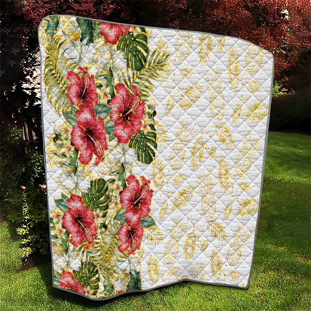 Hawaii Discoverers Day Quilt Tropical Hibiscus Glitter White LT05 - Polynesian Pride