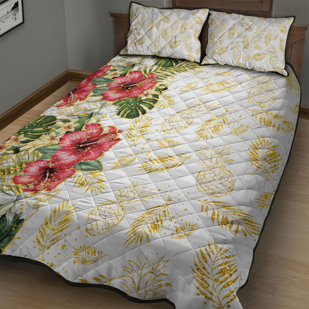 Hawaii Discoverers Day Quilt Bed Set Tropical Hibiscus Glitter White LT05 - Polynesian Pride