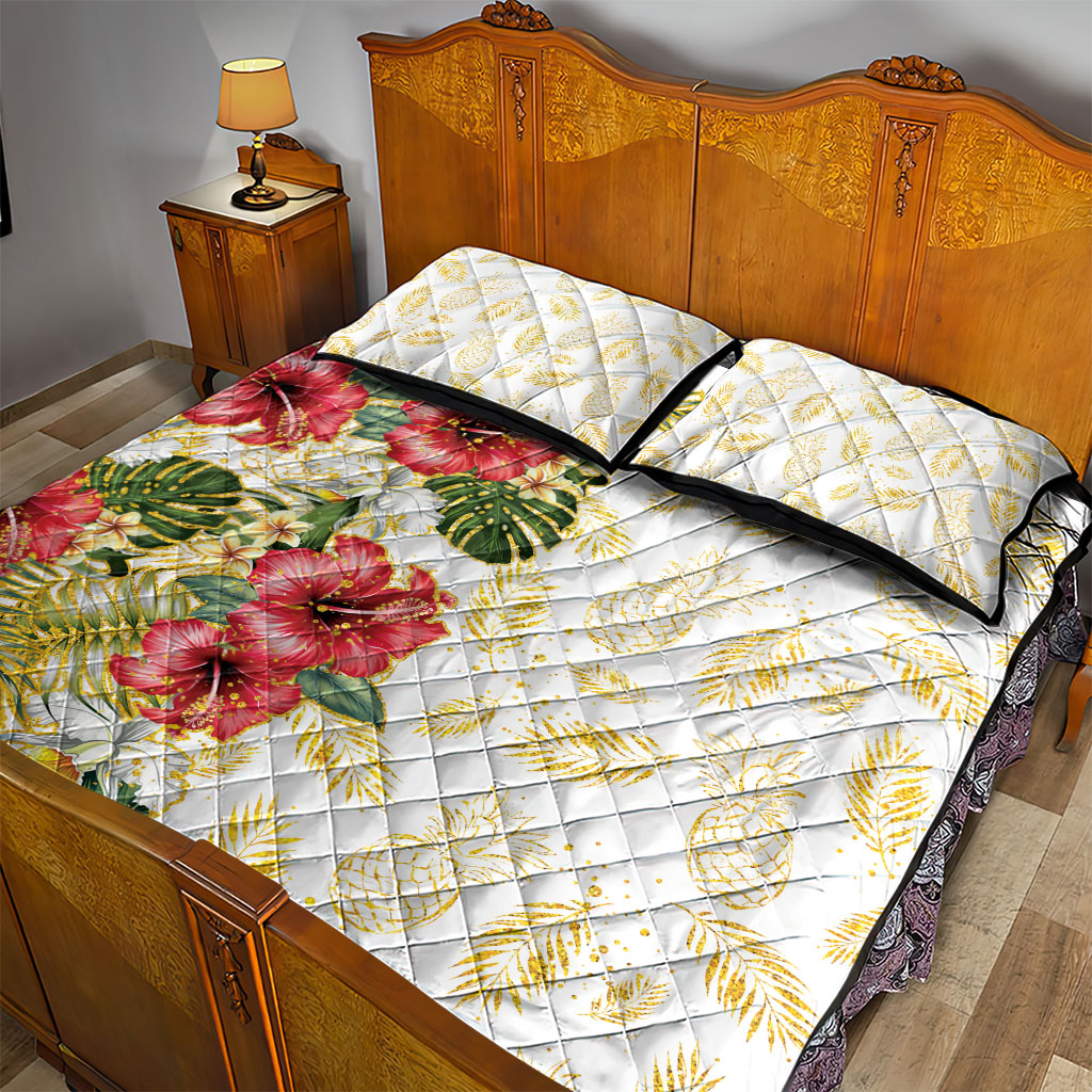 Hawaii Discoverers Day Quilt Bed Set Tropical Hibiscus Glitter White LT05 - Polynesian Pride