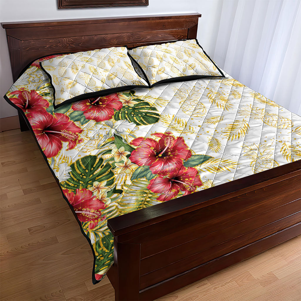 Hawaii Discoverers Day Quilt Bed Set Tropical Hibiscus Glitter White LT05 - Polynesian Pride