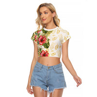 Hawaii Discoverers Day Raglan Cropped T Shirt Tropical Hibiscus Glitter White LT05 Female White - Polynesian Pride